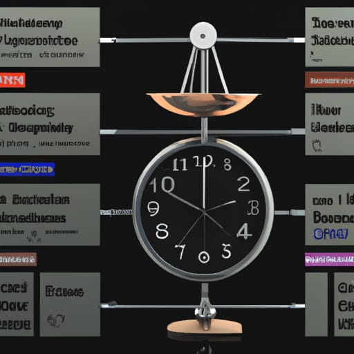 A balanced scale with tasks and time symbols, representing effective time management