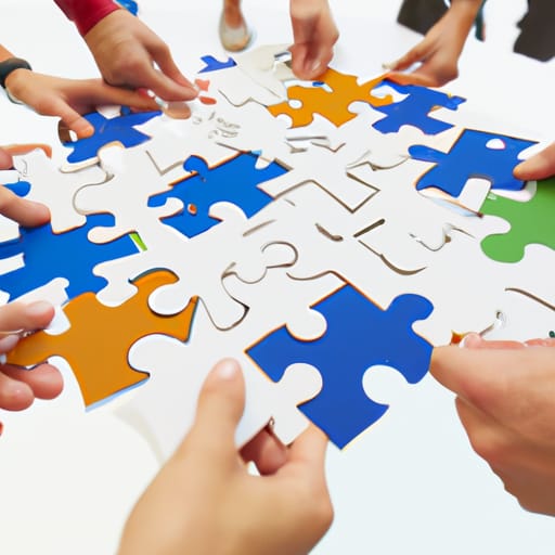 A group of diverse people working together on a puzzle, symbolizing the power of synergy.