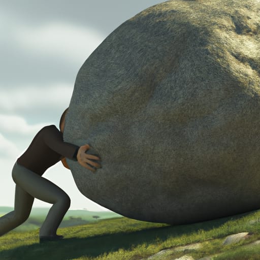 A person pushing a large boulder up a hill, representing the effort of being proactive.