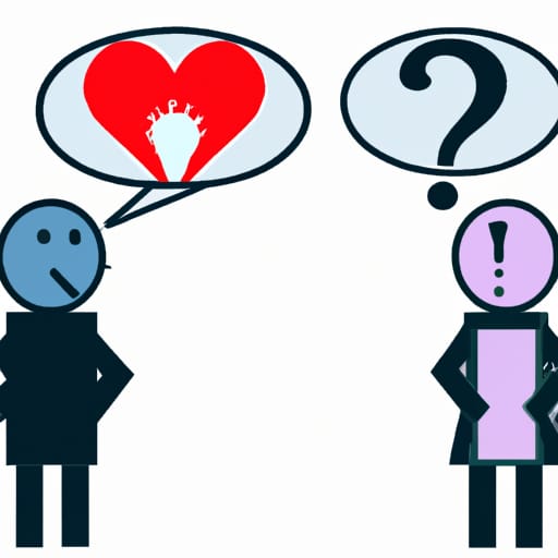 Two people engaged in a deep conversation with speech bubbles containing a heart and a light bulb, symbolizing understanding and ideas-2